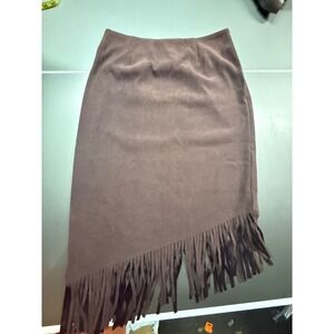 Denim & Co Brown Faux Suede Fringe Asymmetrical Midi Skirt Womens Large L